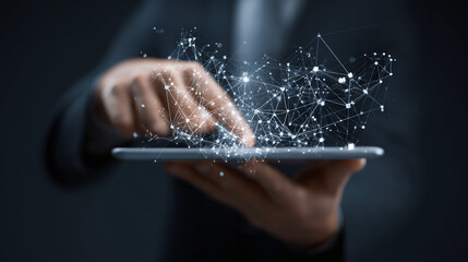 Connectivity on Display: A person interacts with a digital network visualized on a tablet, showcasing modern technology and interconnectedness.