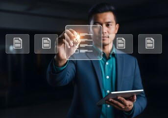 Man in suit interacting with digital checklist interface and document icons holding tablet