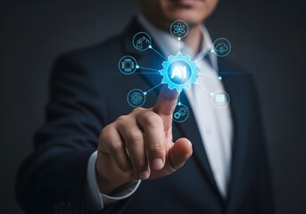 Man in suit touching ai gear icon with connected technology symbols floating in the air