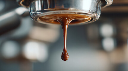 A close-up captures the essence of freshly brewed espresso dripping from a metallic portafilter, a moment of intense flavor and aromatic bliss.