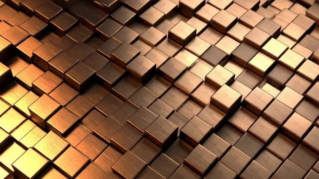 Abstract metallic cubes arranged in a geometric pattern with a warm, golden light.