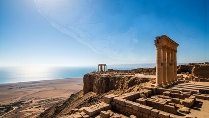 A stunning perspective of ancient architectural remains perched on a high ridge.