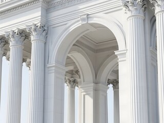 Grand Neoclassical White Building Facade with Corinthian Columns and Arches in Bright Sunlight