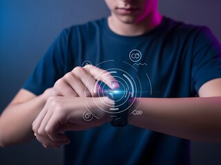 Youth Engaging with Smartwatch, Indoor Setting, Digital Display, Futuristic Concept