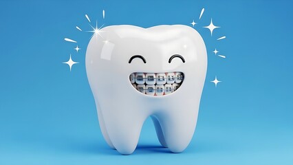Happy cartoon tooth with dental braces sparkling on a bright blue background.