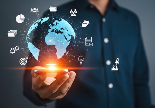 Person holding phone with digital earth globe and icons representing global business data - Powered by Adobe