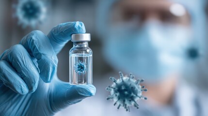 Scientist in protective gloves holding a medical vial with a virus model for vaccine research in a laboratory.