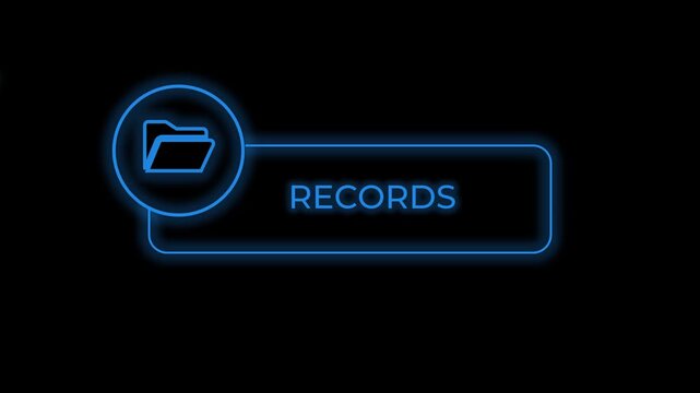 Radiant blue neon folder icon accompanied by 'RECORDS' text, signifying digital archives, data storage, and structured information access within a sleek, modern user interface design