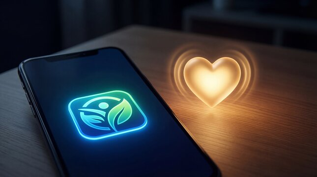 Smartphone displaying a glowing health app icon with a radiating heart symbol, symbolizing wellness and digital care. - Powered by Adobe