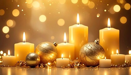 A warm, inviting scene of glowing candles and golden ornaments, with a blurred bokeh effect, setting a festive mood