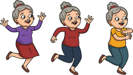 Happy senior women dancing cartoon illustration, cheerful elderly characters exercising, active old ladies lifestyle, funny grandma vector design, cute aging charactersHappy sen © Nobin Creatives