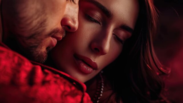 A close-up of a man and woman in an intimate embrace.