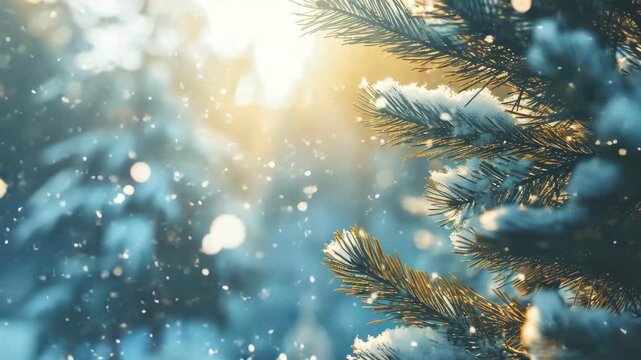 A snowy landscape with a branch of pine trees as the focal point during a gentle snowfall, ideal for winter holiday themes.