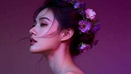 Woman with floral hair accessory in profile