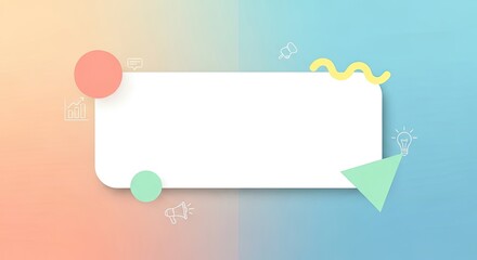 A white rectangular frame with colorful geometric shapes and icons on a gradient background.