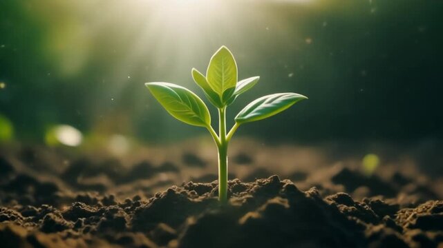 Young plant sprout growing in soil with sunlight rays