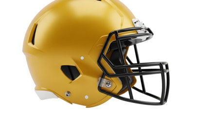 Golden american football helmet with face mask detail isolated on transparent background