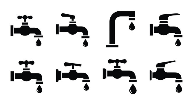 Collection of black silhouette water taps with dripping water droplets