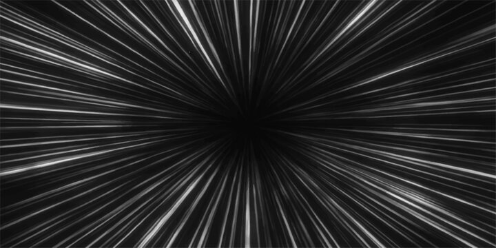 An artistic black and white fractal burst design features energetic light lines and a star explosion motion to create a digital wallpaper backdrop with a high-speed tunnel glow texture