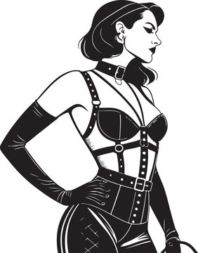 Dominatrix Domme Hand-drawn Sketch Drawing Vector Illustration, Line Linear Symbol Engraving Coloring Book, Black and White Isolated