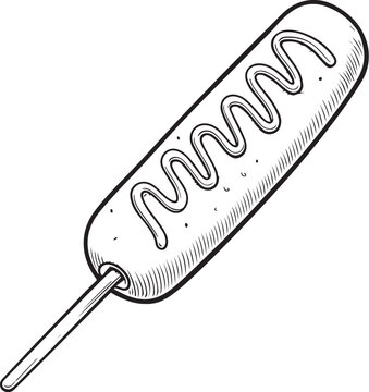 Corn dog Hand-drawn Sketch Drawing Vector Illustration, Line Linear Symbol Engraving Coloring Book, Black and White Isolated