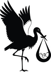 Fototapeta premium PrintStork carrying newborn baby illustration, black silhouette vector design symbolizing birth, parenthood, family, motherhood, baby shower, celebration, and new beginningsStork carrying ne