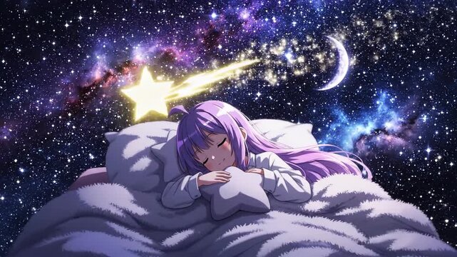 Anime Girl Sleeping Under the Stars - A Dreamy Nightscape.