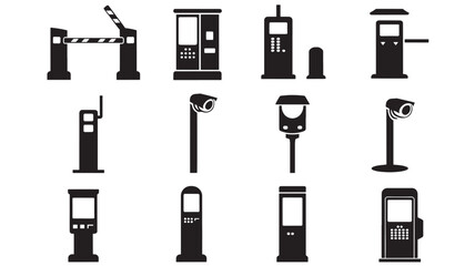 Collection of various black silhouetted toll booth icons on a white background
