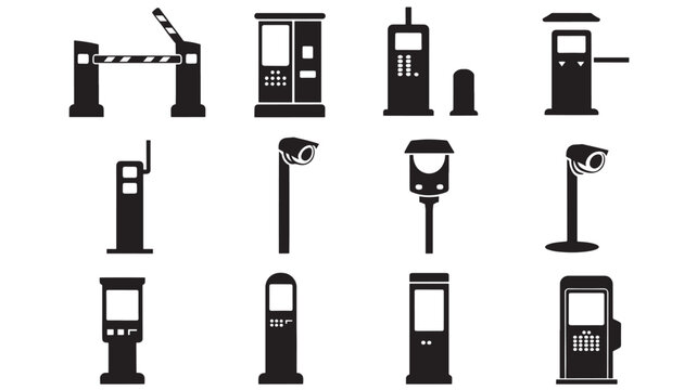 Collection of various black silhouetted toll booth icons on a white background