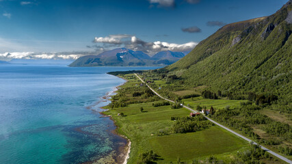Coastal Landscape In Aerial View With Fjord And Snowy Mountains On Lofoten Islands In Norway © grafxart