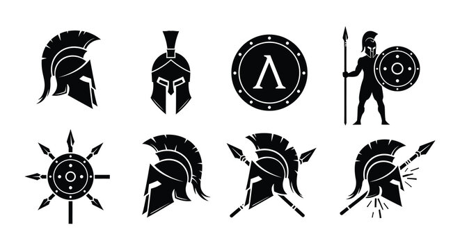 Ancient spartan warrior symbols and equipment helmets shields spears and more