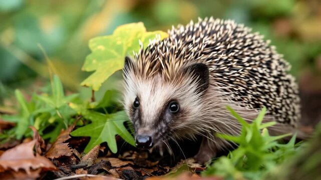 A small, spiky hedgehog foraging on leaves and grass in nature.
