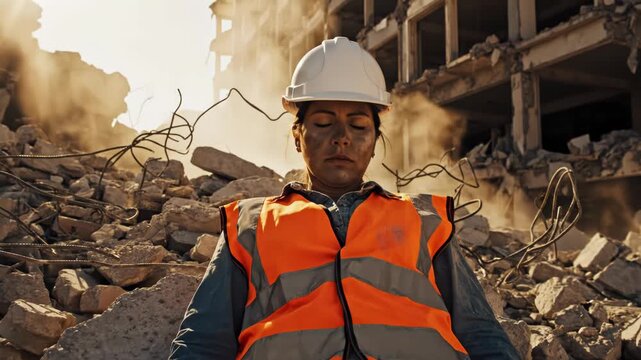 Exhausted construction worker in hard hat and safety vest after building collapse 4k video