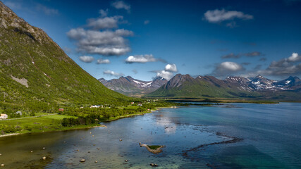 Coastal Landscape In Aerial View With Fjord And Snowy Mountains On Lofoten Islands In Norway © grafxart