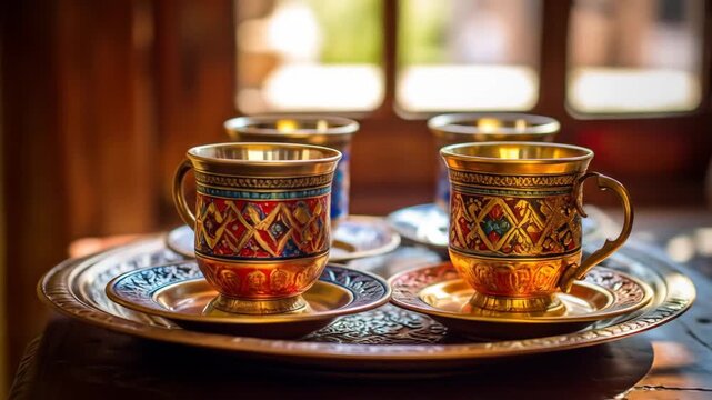 Ornate golden cups and saucers arranged on a decorative tray, suggesting a cultural beverage service.