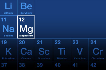 Magnesium element on the periodic table. Alkaline earth metal with atomic number 12 and symbol Mg, from the Greek word for the ancient tribe Magnetes. Essential element to all cells and many enzymes.