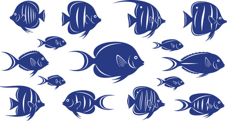 Blue fish silhouettes collection isolated on white, tropical marine aquatic animals set, decorative ocean wildlife vector illustration for design projects © VectoBloom