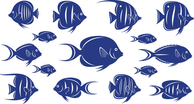 Blue fish silhouettes collection isolated on white, tropical marine aquatic animals set, decorative ocean wildlife vector illustration for design projects