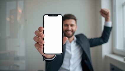 Smiling business professional presenting mobile phone with empty screen representing app promotion technology and startup success