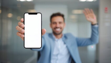 Successful businessman holding smartphone with blank screen celebrating achievement success and digital business opportunity concept