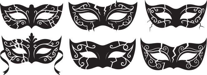Set of Ornate Broken Masquerade Mask Silhouette, Black and White Vector Illustration
