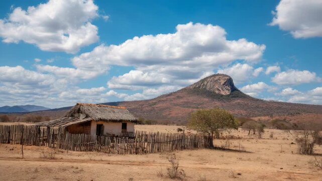 Rustic thatched roof house in a dry, arid landscape with a large mountain in the background