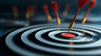 Close-up of a dart hitting a target's bullseye, with others surrounding. Focus is on the successful red dart. Symbolizes goal achievement