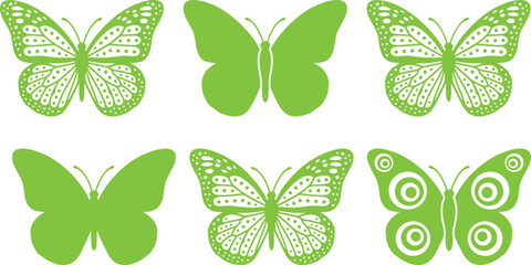 Green butterfly silhouettes set, decorative insect illustrations with patterned wings, elegant nature inspired vector design collection for branding, crafts, printing © VectoBloom