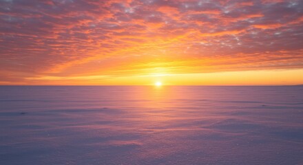 Brilliant orange and yellow sunrise illuminates a vast, snow-covered landscape under textured clouds