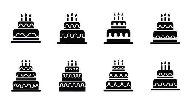 Collection of various tiered cake silhouettes in a simple black and white style