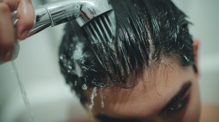 Close high angle shot of person rinsing long sleek dark hair, shower hygiene