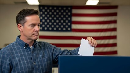 man is voting in an USA election by putting election, symbolizing civic duty and democratic participation.