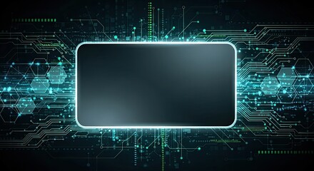 A futuristic, technological background with a glowing, rectangular frame in the center.