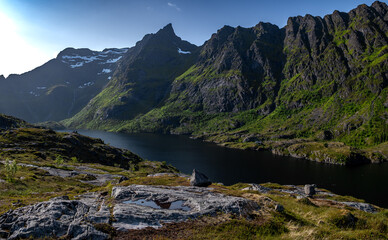 Naklejka premium Lake Agvatnet In Village A I Lofoten At The End Of The Lofoten Islands In Norway